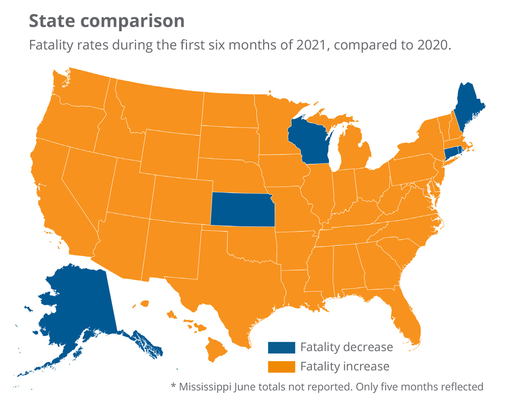 Map of states that had changes in traffic fatality rates.